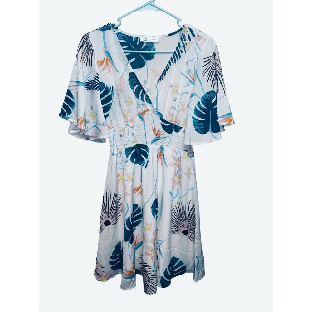 Cupshe Women's Multi Tropical Floral Smocked Floating Sleeves Skater Dress Large
